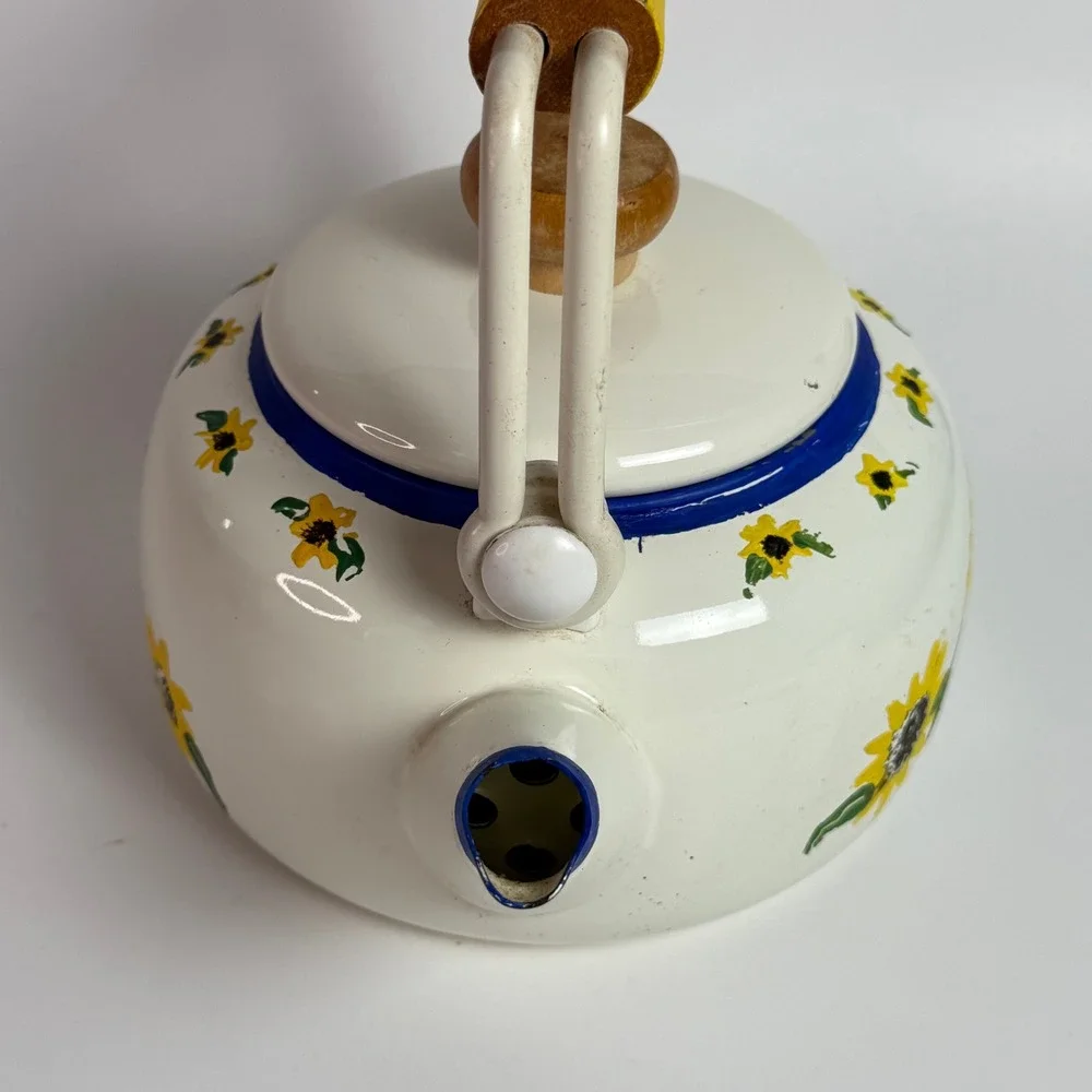 White Enamel Sunny Golden Yellow Sunflowers Tea Kettle Blue Trim Wood Handle